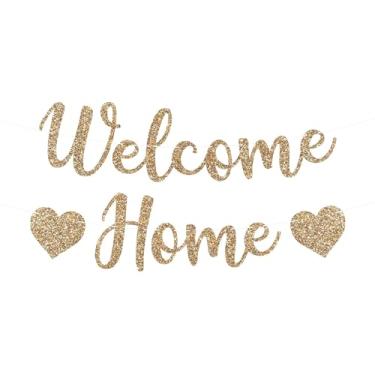 Imagem de Banner Pre-Strung Welcome Home - SEM DIY - Banner de boas-vindas dourado com glitter - Pré-amarrado em fio de 1,8 m - Decorações de festa de inauguração de casa, regresso a casa e retorno militar