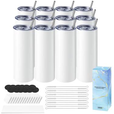 Imagem de Hiipoo Pacote com 12 copos de sublimação em branco, 590 ml, retos com papéis de sublimação, tampas e canudos, películas retráteis, copo isolado de parede dupla de aço inoxidável para máquina de prensa