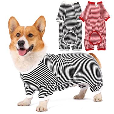 Imagem de Pijama para cães de algodão listrado, pijama básico respirável com 4 pernas para filhotes e gatos, super macio, elástico, moderno e confortável para meninos e meninas (branco vermelho + preto, PP)