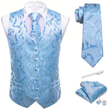 Imagem de Barry.Wang Colete masculino formal Paisley Jacquard gravata de seda conjunto de colete casamento 5 peças, Azul celeste B, 3X-Large