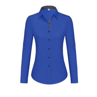 Imagem de siliteelon Camisas femininas com botões de algodão e manga comprida para mulheres, sem rugas, blusa de trabalho elástica, Azul royal, M