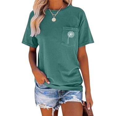 Imagem de Camiseta floral com bolso para mulheres, estampa de buquê de dente-de-leão, manga curta, gola redonda, Verde, M