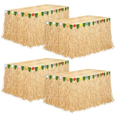 Imagem de Aodaer Pacote com 4 saia de mesa de grama havaiana 250 x 76 cm de palha Luau saia de mesa tema havaiano decoração de festa para Havaí tropical, suprimentos de decorações temáticas de verão