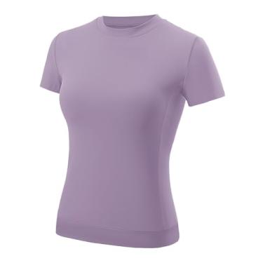 Imagem de AKEWEI Camisetas femininas de compressão atlética com bainha cruzada de manga comprida para exercícios respiráveis para ioga com orifício para polegar, B9_violeta azulada_manga curta, M