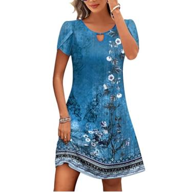 Imagem de HOTOUCH Vestido feminino casual evasê com bolsos verão praia floral vestido camiseta mini vestido de manga curta vestidos de verão soltos, Azul floral - 02, M