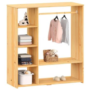 Imagem de IDIMEX Guarda Roupa Closet Infantil Madeira com Cabideiro e 4 Nichos Rafael Natural