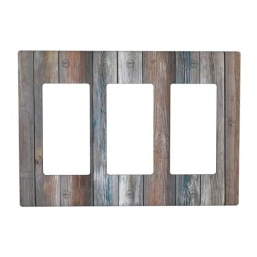 Imagem de Wpshijia Capa de interruptor de luz vintage azul cinza prancha de madeira 3 gangues placa de interruptor de luz tripla placa de interruptor rústico country balancim GFCI tampas de tomada decorativa