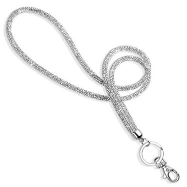 Imagem de Cordão de escritório com strass Soleebee de 80 cm, cordão de pescoço brilhante com fecho de metal e chaveiro, cordão de cristal para mulheres, cartão de identificação, alça de chaves (prata)