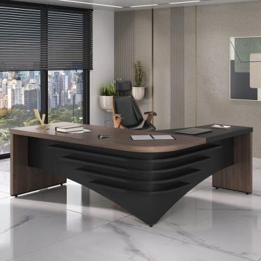 Imagem de Kit com Mesa para Escritório Diretor em L e Cadeira de Escritório Presidente Lisboa Espresso Móveis Charuto/Preto