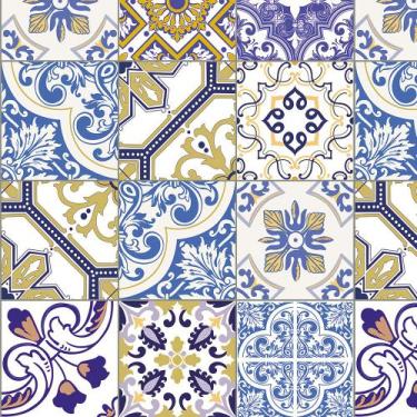 Imagem de Azulejo Adesivo Fosco em Tons Azul Bege Amarelo e Branco para Cozinha 