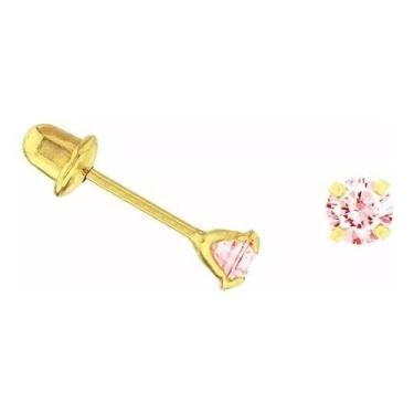 Imagem de Brinco De Ouro 18k Infantil / 2º Furo / 3mm - Pedra Rosa - RD Magazine