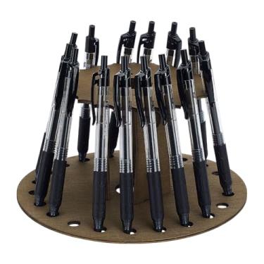 Imagem de FINGERINSPIRE Suporte de caneta de madeira vintage de 19,8 x 9,7 cm com 22 compartimentos, suporte para exibição de canetas, suporte estilo carrossel para caneta, lápis de cor, pincéis de pintura,