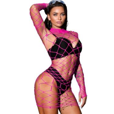 Imagem de ChiaoLezhee Vestido arrastão para mulheres, roupas de festival rave serve para 0-18, saída de festa de concerto sexy, lingerie transparente plus size, Rosa neon, One Size