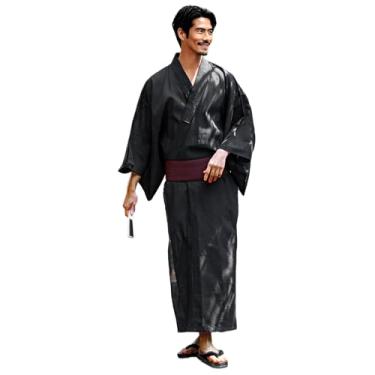 Imagem de Conjunto de 5 peças Yukata de algodão tradicional masculino (Yukata, Geta, Obi, alça de cintura, ventilador) – Fácil de usar, Tipo F, XL (Extra Large)