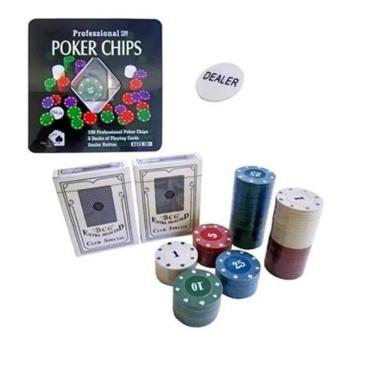 Imagem de Fichas De Poker 100 Fichas + Baralhos + Lata
