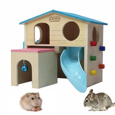 Imagem de kathson Casa de hamster animais pequenos esconderijo com escada de escalada engraçada escorregador cabana de madeira brinquedos mastigáveis para pequenos animais como hamster anão e rato (azul)