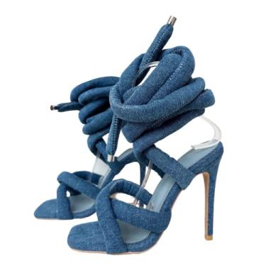 Imagem de Frankie Hsu Sandália feminina de luxo com cadarço na perna no tornozelo, corrente de elos dourados, tiras de PVC transparente, bico redondo, salto alto, Azul-escuro, 42