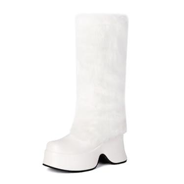 Imagem de Rock88 Botas femininas elegantes de pele sintética, botas altas com sola plataforma, botas de neve de bico redondo para uso ao ar livre e passeios, branca, 35