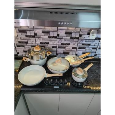 Imagem de Conjunto de Panelas de Cerâmica com Revestimento Branco, 11 Peças, Cabo em Madeira, Utensílios de Cozinha