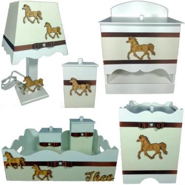 Imagem de Kit Higiene bebê Mdf menino 7 pçs - BRANCO COM PALHA DE CAVALO - Flore