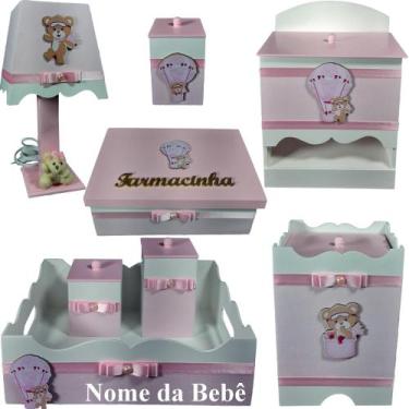Imagem de Kit farmacinha de bebê Mdf menina - Ursinha Balão tampas rosa - Flores