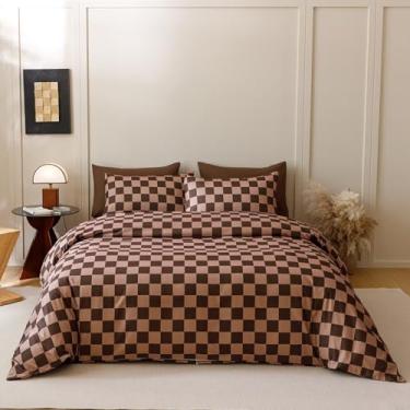 Imagem de Houseri Conjunto de edredom xadrez marrom completo chocolate cor café jogo de cama xadrez mocha buffalo, cobertor casal