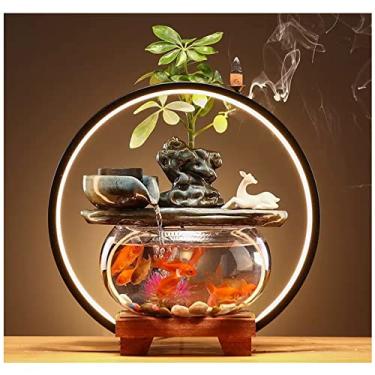 Imagem de Fonte de mesa para área de trabalho para relaxamento, fonte de mesa de cerâmica com tanque de peixes de vidro, base de madeira e luz LED, área de trabalho zen interna com recurso de água relaxante -