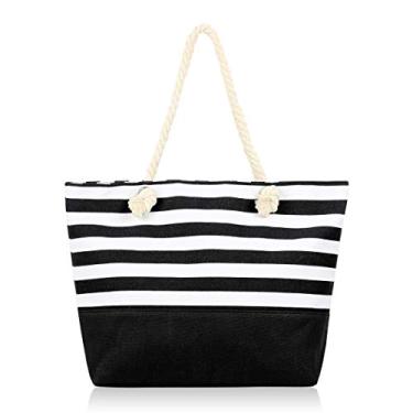 Imagem de RIAH FASHION Bolsa de praia grande reutilizável Eco Shopper - Bolsa de ombro de viagem de tecido de lona listrada xadrez, Listra náutica - preta, One Size
