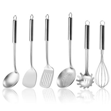 Imagem de Gymdin Conjunto de utensílios de cozinha de 6 peças, utensílios de cozinha de aço inoxidável com alça suspensível, espátula, espátula, concha de sopa, escumadeira, batedor de massa, pode ser lavado na