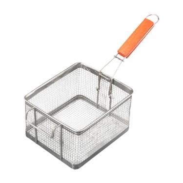 Imagem de Ioensy Filtro de frigideira comercial Fry Basket com alça de madeira Fritar aço inoxidável Cesta de porção para churrasco de asa de frango Cafe, M