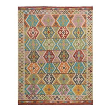 Imagem de Shahbanu Rugs Tapete oriental branco afegão Kilim colorido todo de lã tecido plano tecido à mão (2,8 m x 25,4 cm)