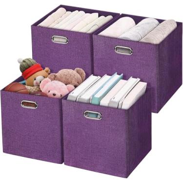 Imagem de Cestos de armazenamento, 28 x 28 x 28 cm, gavetas dobráveis de tecido para armário, prateleira, armário, estante - conjunto com 4, roxo