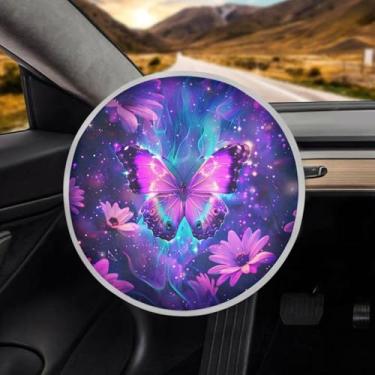 Imagem de JOAIFO Capa de volante de borboleta, capa de para-sol para volante de carro, acessórios de carro de borboleta roxa para mulheres, película de alumínio anticalor, protetor de interior automotivo