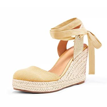 Imagem de Ermonn Sandálias femininas de alpargatas plataforma plataforma fechada tira no tornozelo cadarço sapatos de verão, 1 camelo, 40