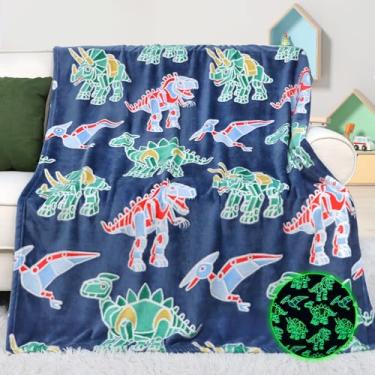 Imagem de Cobertor de brinquedos de dinossauro para crianças - brinquedos de dinossauro para crianças 2, 3, 4, 5, 6, 7, 8, 9, 10, 11, 12 anos, presentes para meninos - Cobertor macio que brilha no escuro para