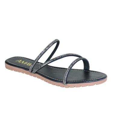 Imagem de Sandália Rasteira Feminina Brilho Tiras Rasteirinha Strass Casual - AZ