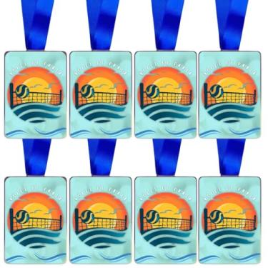 Imagem de Kit 100 Medalhas Personalizado Retangular De Metal Com Fita Azul - Esportes e Comemorações (Vôlei)