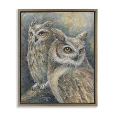 Imagem de Stupell Industries Par de coruja neutra emplumada marrom moldura flutuante arte de parede, design por Jody Bergsma, 25 x 31