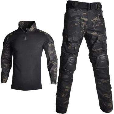 Imagem de Camuflagem tática Roupas uniformes militares Termo de ventos do exército Airsoft Camisa de combate + calça de carga, camuflagem preta, M