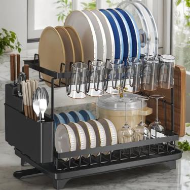 Imagem de DF Escorredor de Louça, Escorredor de Pratos com Bandeja, Porta-talheres, Suporte para Tábua de Corte e Suporte para Copos – Grande Capacidade, 2 Camadas, Preto