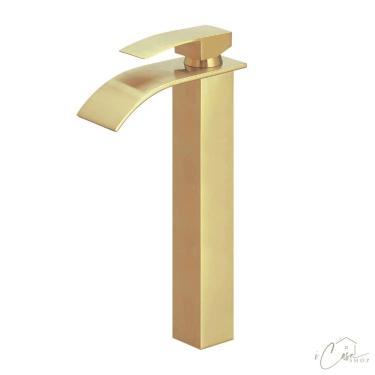 Imagem de Torneira Banheiro Lavabo Cascata Alta Dourada Escovada Misturador Monocomando