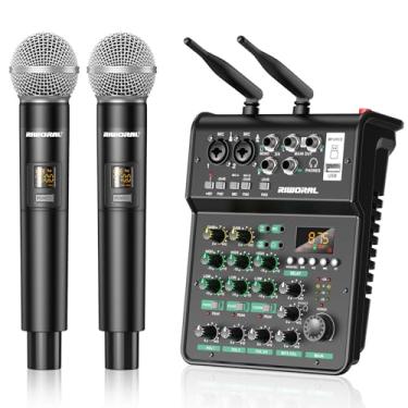 Imagem de Riworal Interface De Áudio 4 Canais Com Microfone Sem Fio Duplo, Placa Som, Console Mp3 Bluetooth 48V, Alimentação Fantasma, Mixer Usb Para Karaokê Doméstico, Festa, Computador, Estúdio, Gravação