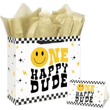 Imagem de FYSUIMU One Happy Dude Party Favor Bag com alças Smile Face Checkered Treat Bag com cartões comemorativos de papel de seda dourado sacos de guloseimas para chá de bebê de primeiro aniversário