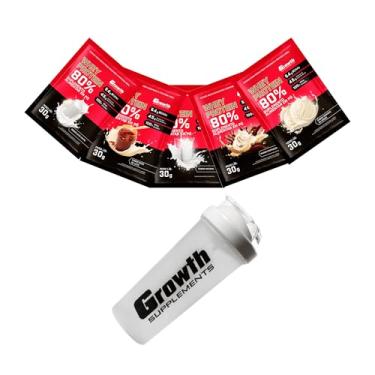 Imagem de Combo - Whey Protein Concentrado 30g em Sachê (5un - sabores diversos) + Coqueteleira 600ml Branca - Growth (único, Natural, cappuccino, leite em pó, sorvete de creme e doce de leite)