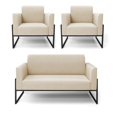 Imagem de Sofá Namoradeira Com 2 Poltronas Base Industrial Alta Preto Marisa Suede Bege D03 - D\'rossi