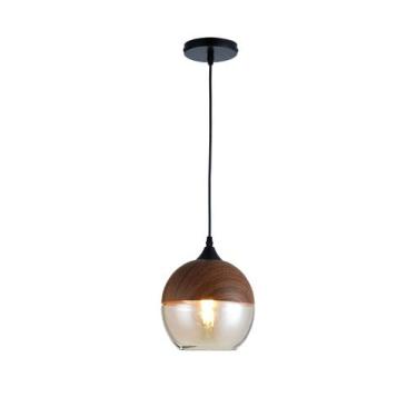 Imagem de Lustre Pendente Wood Ball Vidro Âmbar e Aço cor Madeira 23cm - Viena L