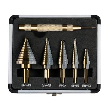 Imagem de Kendo Brocas Escalonadas de 5 Unidades com Punção Central Automática - Preto e Dourado, Conjunto de Brocas Escalonadas Unibit de Aço de Alta Velocidade, Total de 50 Tamanhos de Brocas Escalonadas de T