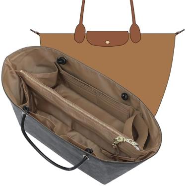 Imagem de KESOIL Organizador de bolsa para bolsa organizadora Longchamp Le Pliage com suporte de copo elástico, chaveiro e bolso com zíper – Protetor de forma de forro dividido à prova d'água (preto e marrom-G)