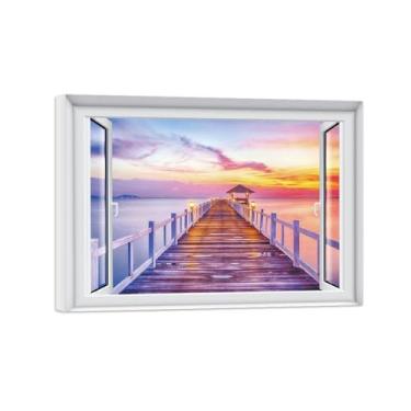 Imagem de Quadro de Parede Janela Falsa-Paisagens Impressões em Tela-Sunset Mar Bridge-Natureza Pinturas Decoração 50x70cm-19x27in Tela Embrulhada