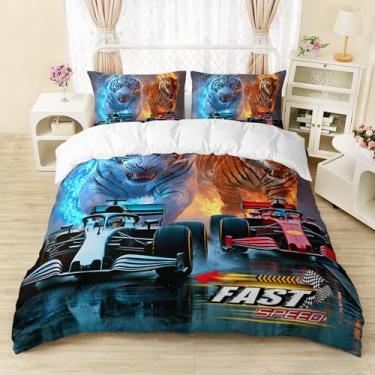 Imagem de AILONEN Conjunto de capa de edredom solteiro de carro de corrida 3D, estampa de tigre de fogo azul laranja para crianças, meninos, meninas, capa de edredom com tema de esportes radicais, 3 peças, 1
